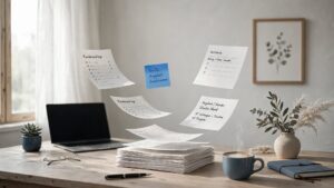 Geschäftsprozesse automatisieren – Schreibtisch mit Laptop und Notizbuch